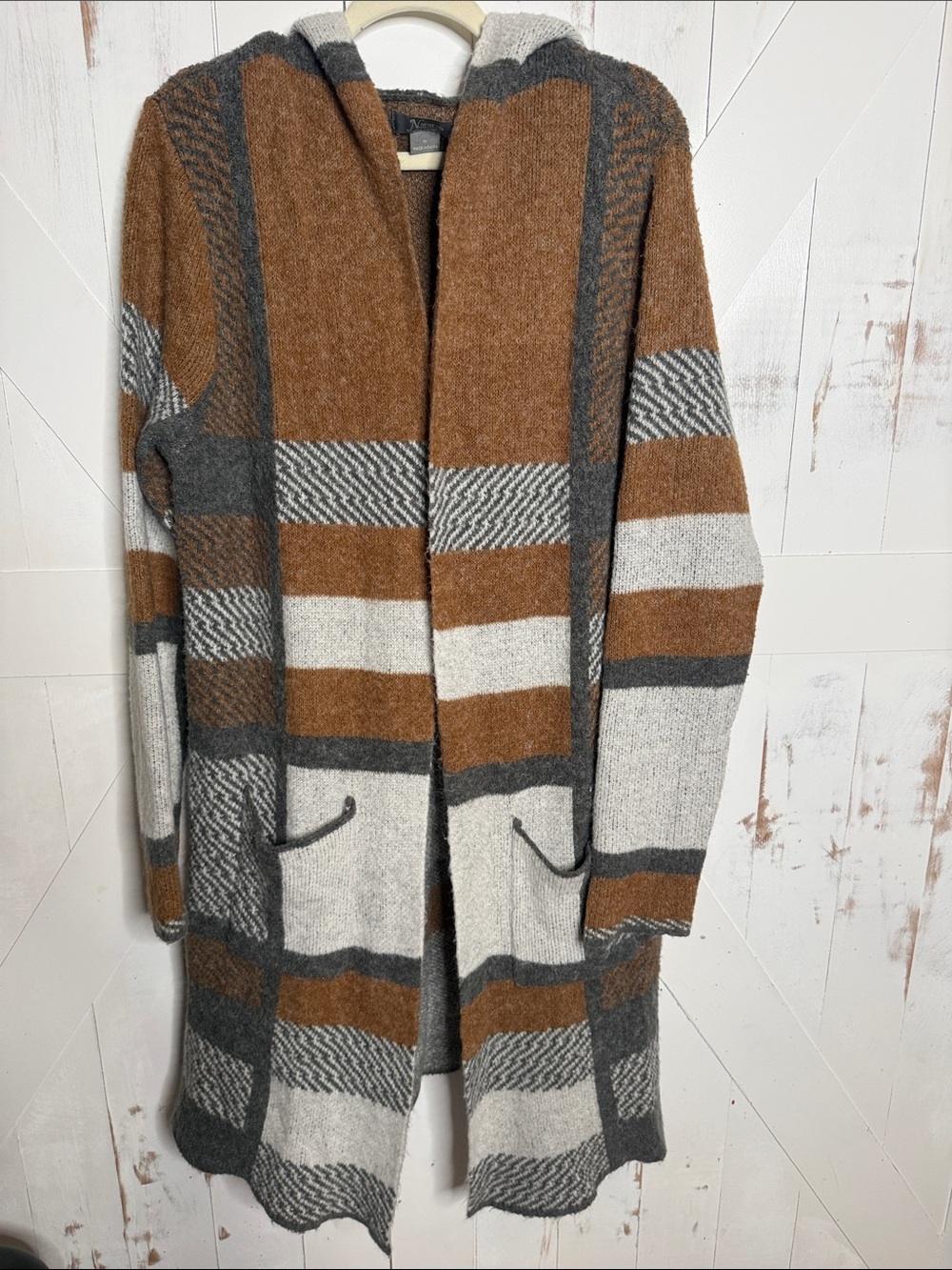 Natural Reflections Hooded Open-Front Cardigan in Brown, Gray & Cream